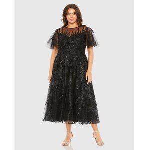 MAC DUGGAL Size 24 Black 20477 Flutter Sleeve Embellished Cocktail Midi Dress